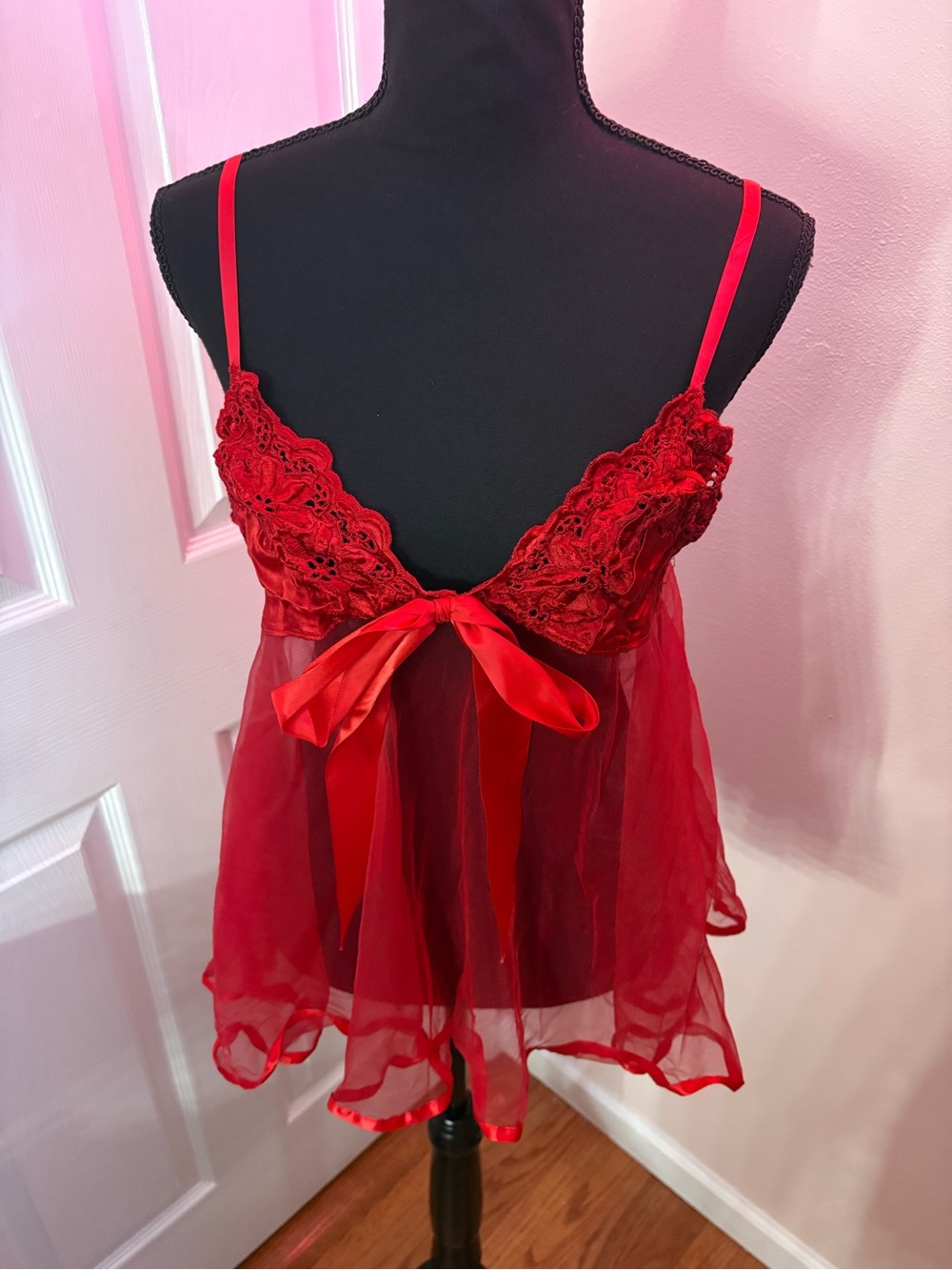 Vintage Frederick's of Hollywood Red Lace & Sheer Babydoll with Satin Bow